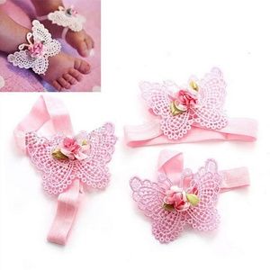 🌸 Newborn Pink Lace Butterfly Barefoot Sandals 🌸